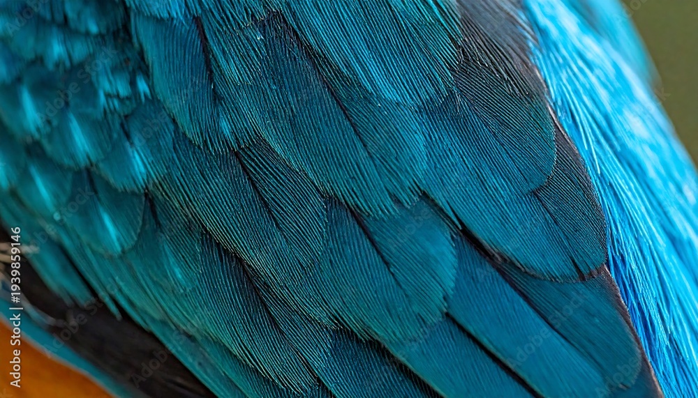 Obraz premium Close-up view of vibrant blue parrot feathers showcasing intricate texture and pattern in a natural outdoor setting
