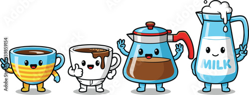 Cute coffee mascot set featuring kawaii coffee cup mug pot and milk pitcher characters with happy faces for cafe branding