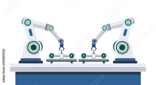Flat vector illustration of dual robotic arms working on a production line, representing industrial automation, smart manufacturing, Industry 4.0, and high-tech assembly processes.