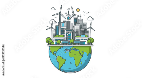 Sustainable cityscape on Earth with wind turbines and solar panels