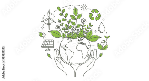 Hands cradling a green globe with eco-friendly symbols