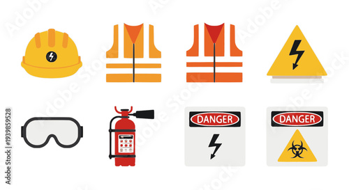 Workplace safety and personal protective equipment (PPE) icons. Set includes safety helmet, high-visibility vest, goggles, fire extinguisher, and hazard warning signs for electricity and biohazard.