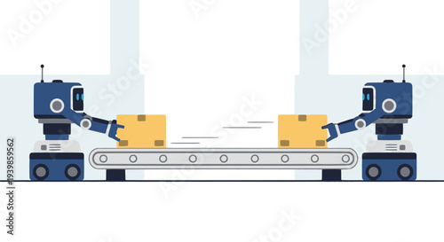 Two industrial robots working on an automated conveyor belt system in a modern warehouse. Concept of smart logistics, automated packaging, and future manufacturing technology. Vector illustration.