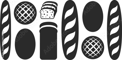 Bakery bread icon set with baguette, round loaf, sliced bread and sandwich loaf silhouettes isolated on white background, black bakery vector collection