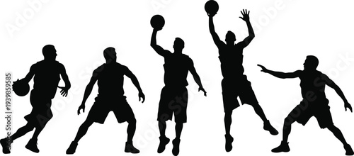Basketball player silhouette action set showing dribbling, passing, jumping and shooting poses isolated on white background, sports athlete vector illustration collection for game design
