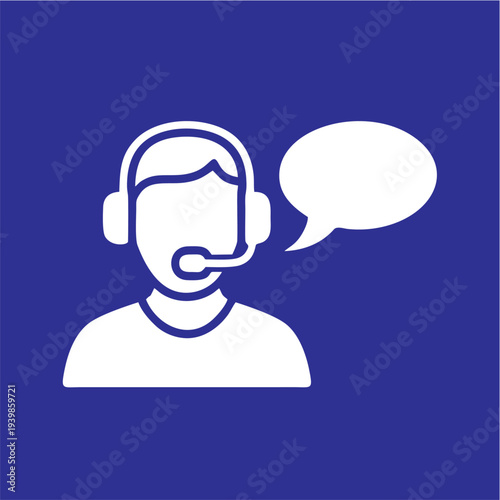 Person wearing headset with speech bubble, representing customer service, support, and communication, in a simple, flat, vector illustration.