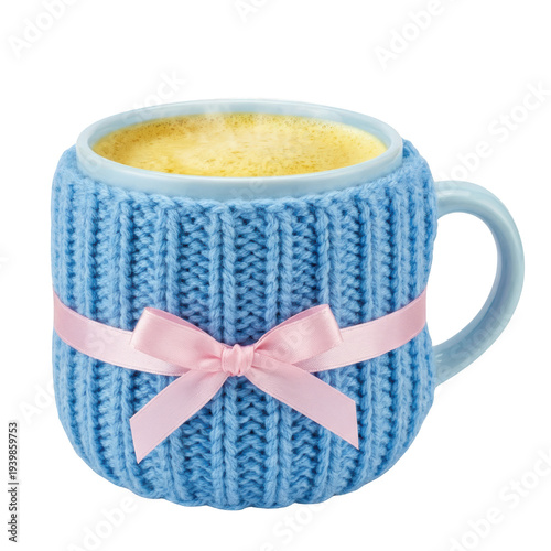 Wallpaper Mural Cozy blue knitted coffee mug with pink bow and hot beverage Torontodigital.ca