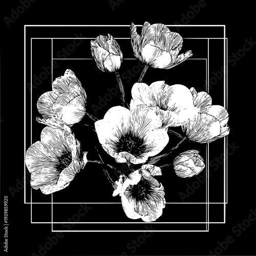 Elegant floral arrangement featuring tulips and blossoms in a monochrome black and white illustration