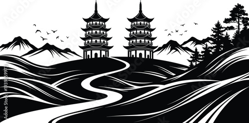 Japanese landscape vector with traditional pagoda temples mountains winding path and birds in black and white silhouette style