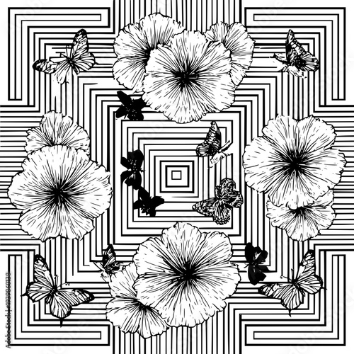 Floral butterfly pattern art design with flower garden illustration and line art geometric background
