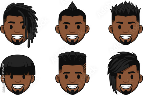 Set of diverse black male avatar heads featuring various modern hairstyles dreadlocks mohawk and fades for user profile icons