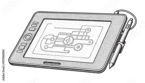 Digital graphics tablet vector illustration, drawing device with pen, electronic sketch pad technology