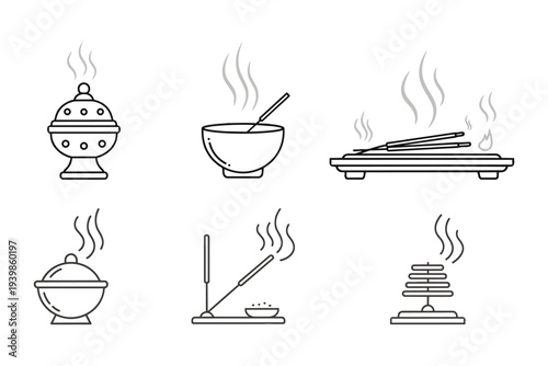Incense burning vector illustration set, aromatic smoke collection of ceremonial spirituality objects