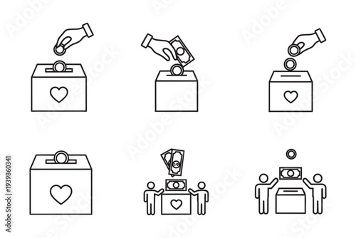 Donation box and hands putting money charity and giving vector icon set