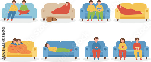 Collection of Flat Vector Illustrations Featuring People Relaxing on Couches Reading Sleeping and Watching TV for Home Comfort and Lifestyle Concepts