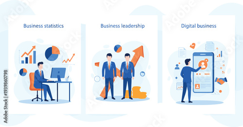 Professional Corporate Banner Set Featuring Business Statistics Data Analysis Business Leadership Team and Digital Business Technology Concepts