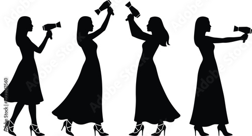 Black Silhouette of Elegant Women in Long Dresses Using Hair Dryers, Isolated on White Background for Beauty and Salon Projects.