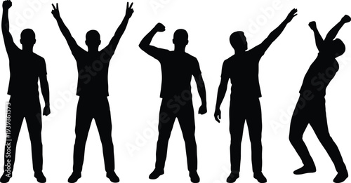 Black Silhouettes of Men Celebrating Success with Raised Arms and Victory Poses, Isolated on White Background for Achievement and Motivation.