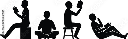 Black Silhouette of People and Students Reading Books in Various Poses, Isolated on White Background for Education, Library, and Literacy Projects.