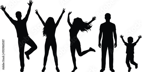 Black Silhouettes of Happy People and Kids Jumping, Celebrating, and Posing with Joy, Isolated on White for Diverse Creative Projects.
