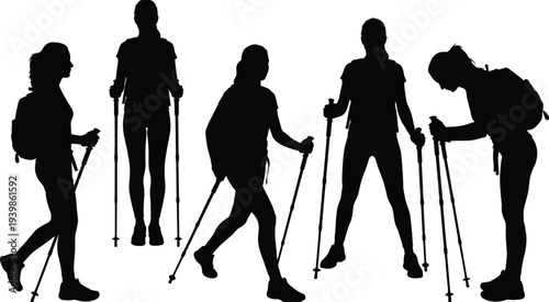 Black Silhouette of Women Hiking with Backpacks and Nordic Walking Poles, Isolated on White Background for Outdoor Adventure and Fitness.