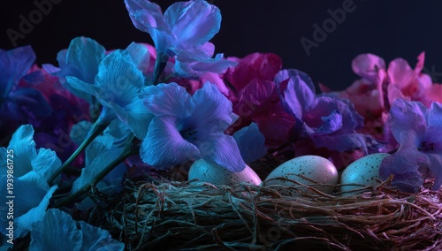 Surreal Easter - Neon-lit Eggs in Nest with Vibrant Flowers, Dark Background.