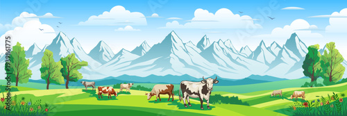 Green alpine meadows and hills against a backdrop of mountain peaks, cows grazing in a green meadow, vector illustration