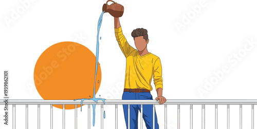 Flat vector illustration of a man in yellow shirt pouring water from a clay jug against a large orange sun