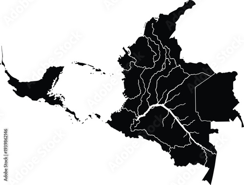 Black silhouette map of Colombia with administrative borders and regions isolated on a white background for geographical vector design projects