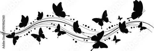 Black and white butterfly swarm vector illustration featuring a group of flying insects in a rhythmic horizontal decorative pattern