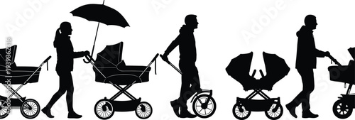 Parents walking with baby strollers silhouettes in different poses, modern motherhood and fatherhood lifestyle, childcare, family прогулка concept isolated on white background