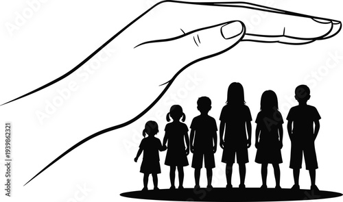 Protective hand sheltering children silhouettes, care, safety and guardianship concept, social protection, support, family security and responsibility symbol isolated on white background illustration