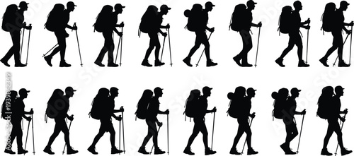 Set of hiking and trekking people silhouettes walking with backpacks and poles, outdoor adventure, travel and exploration concept illustration isolated on white background