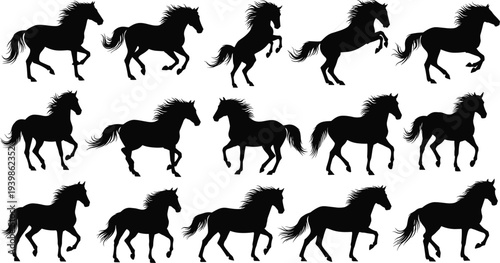 Set of running and jumping horse silhouettes showing powerful galloping motion, wild equine energy, dynamic animal action poses illustration isolated on white