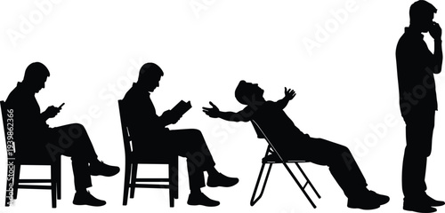 Men silhouettes showing different waiting and thinking poses, seated and standing figures, reading, using phone, boredom and contemplation concept isolated on white background