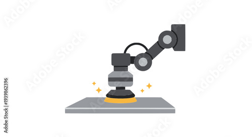 Robotic arm with vacuum suction cup on industrial assembly line. Automated mechanical gripper for manufacturing, precision engineering, and smart factory technology. Vector flat illustration.