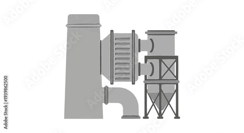 Industrial factory machinery vector illustration. Grayscale manufacturing plant with chimney and filtration system. Concept for heavy industry, energy production, and engineering.