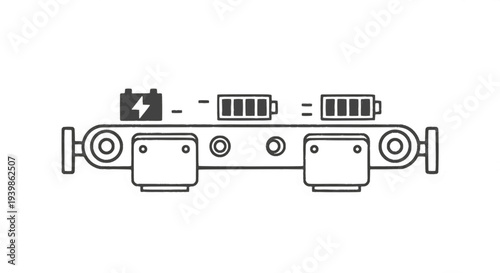 Industrial conveyor belt assembly line for battery production. Concept of energy manufacturing, automated charging technology, and sustainable power supply factory process. Vector illustration.
