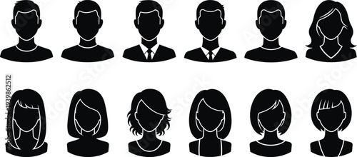 User avatar silhouette set with male and female profile icons, anonymous people faces collection for social media, business identity, account profile design isolated on white background