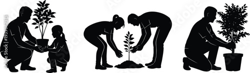 Family and people planting trees silhouette set showing environmental care, sustainability, gardening activity, eco friendly lifestyle, teamwork and nature conservation isolated on white background