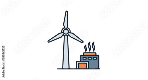 Wind turbine generating clean electricity beside industrial plant icon, representing renewable energy, sustainable power production, and eco-friendly technology in modern industry.
