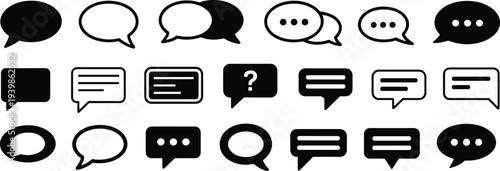 Speech bubble icon set with chat and message symbols, communication dialog elements for social media, messaging apps, customer support and user interface design isolated on white background