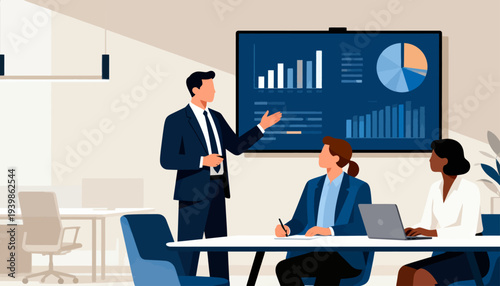 Man presents data at conference table. Two women listen attentively, one using laptop. Charts and graphs display on large screen behind him. Professional setting shows collaboration and analysis