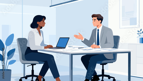 Two professionals meet across a modern table. One gestures while speaking, the other listens attentively. Laptop and papers lie open on the desk. Bright light fills the clean, minimalist office