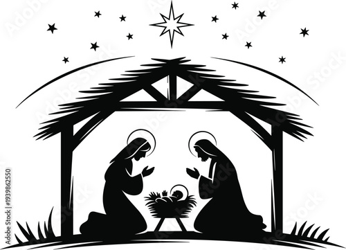 Nativity silhouette illustration with Mary and Joseph praying over baby Jesus in manger, holy family under Bethlehem star, Christmas religious faith and sacred celebration isolated on white background