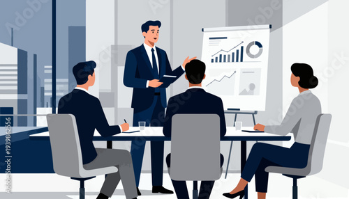 Man presents data to team in modern office meeting. Group listens intently, seated around a whiteboard. Clear charts and graphs display growth trends visually
