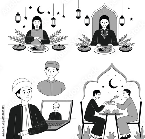 Muslim family Ramadan illustration set showing iftar dinner, prayer, online communication and togetherness, Islamic culture, fasting month celebration and spiritual lifestyle concept