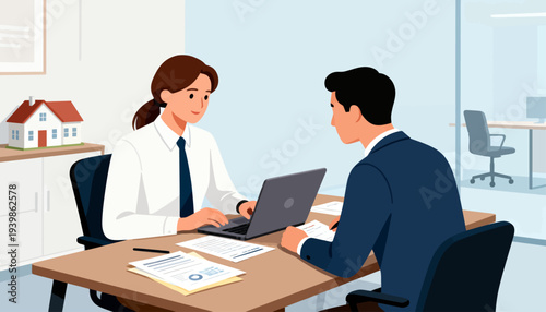 Woman and man discuss business at a desk. Both are focused, engaged, and professional. Laptop and documents suggest a meeting or negotiation. Office setting conveys a clean, modern environment