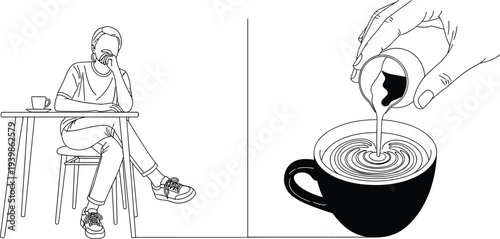 Minimalist line art vector of a woman sitting at a cafe table and a close up of pouring latte art