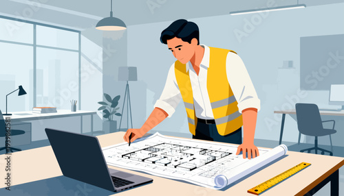 Young man studies blueprint with focused attention. He wears a safety vest and works beside a laptop. Bright office space has large windows and minimal furnishings. He uses a ruler and pen